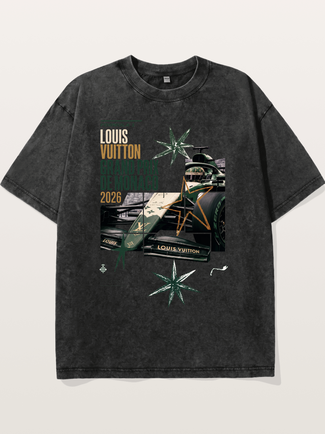 Green LV F1 Race Car Print Washed T-shirt