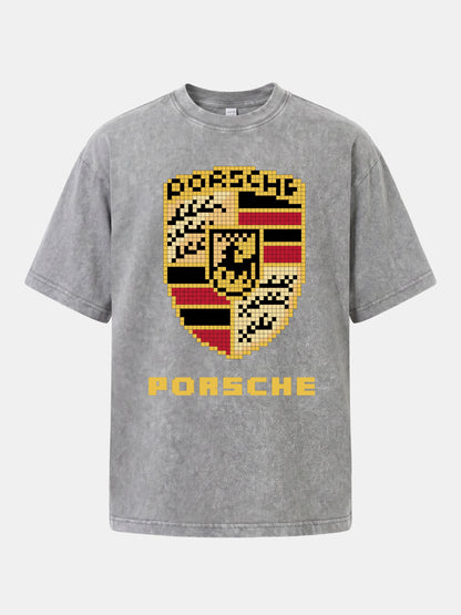 Pixel Mosaic Porsche Crest Emblem Washed T-shirt