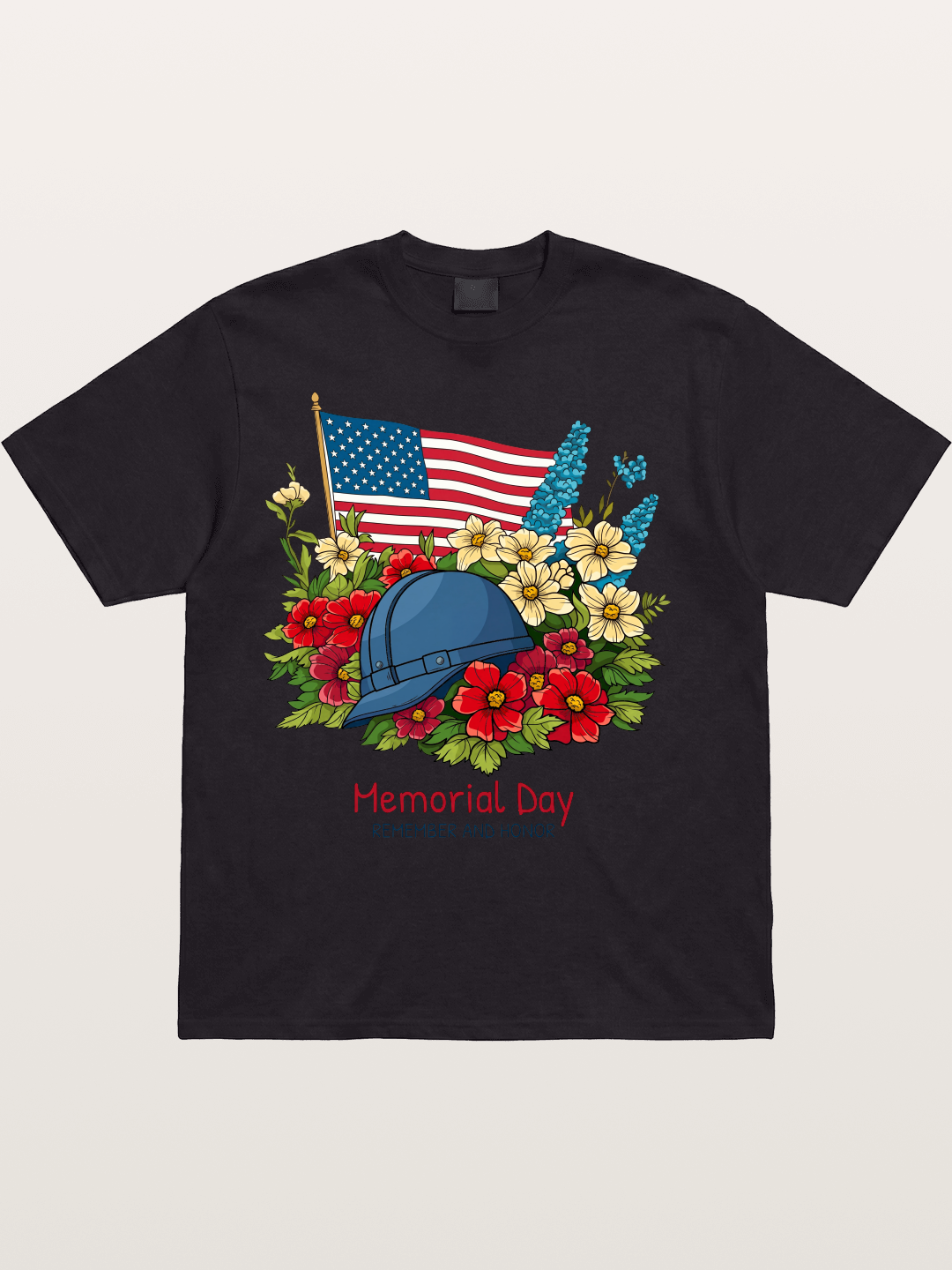 Memorial Day Flowers Helmet American Flag Cotton T-shirt