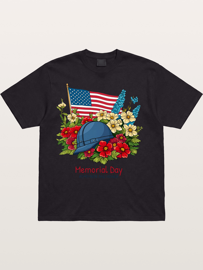 Memorial Day Flowers Helmet American Flag Cotton T-shirt