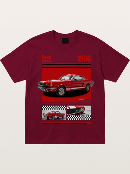 1966 Ford Mustang Fastback Red White Gildan T-shirt