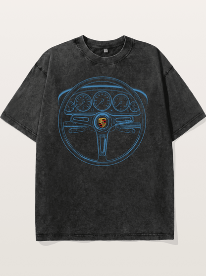 Porsche Classic Steering Wheel Blueprint Washed T-shirt