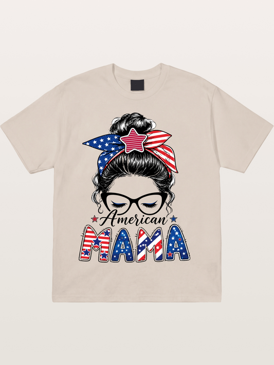 American Mama Messy Bun Art Cotton T-shirt