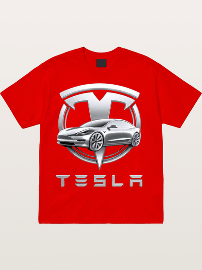 Tesla Silver Metallic Logo Print Cotton T-shirt