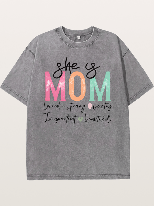 She is Mom Boho Pastel Print Washed T-shirt