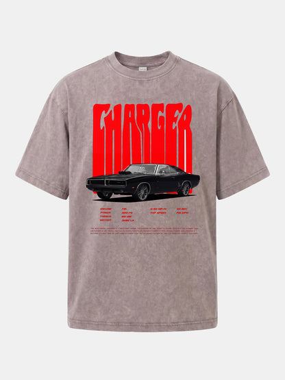 Red Charger Retro Muscle Print Washed T-shirt