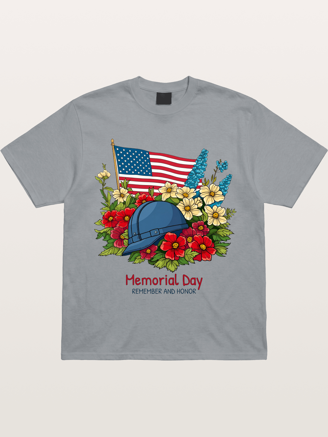 Memorial Day Flowers Helmet American Flag Gildan T-shirt