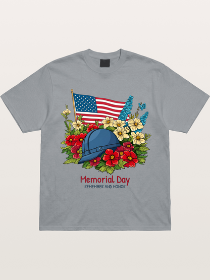 Memorial Day Flowers Helmet American Flag Gildan T-shirt