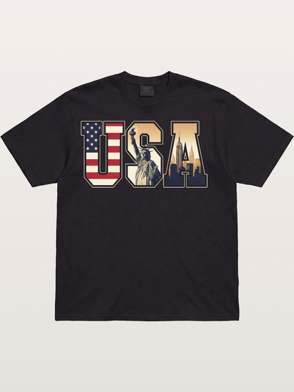 USA Letters Liberty City Skyline Cotton T-shirt
