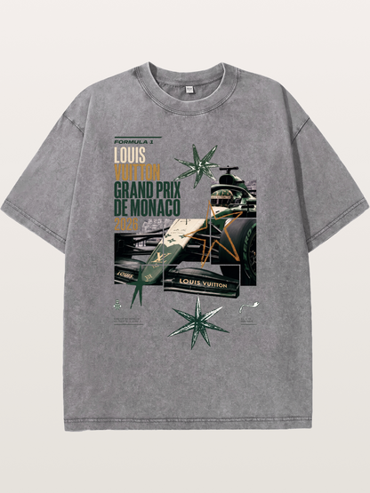 Green LV F1 Race Car Print Washed T-shirt