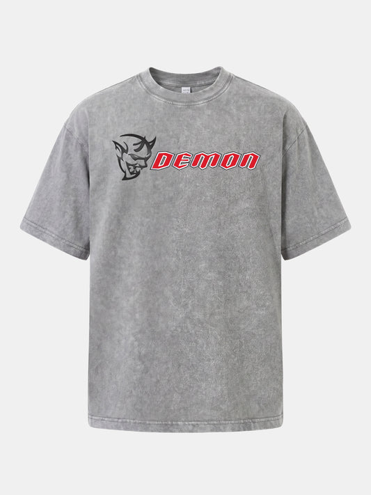 Demon Devil Head Letter Card Washed T-shirt