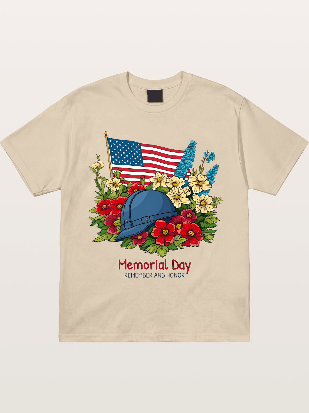Memorial Day Flowers Helmet American Flag Gildan T-shirt