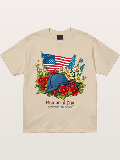 Memorial Day Flowers Helmet American Flag Gildan T-shirt