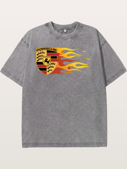Porsche Crest With Flame Accents Washed T-shirt