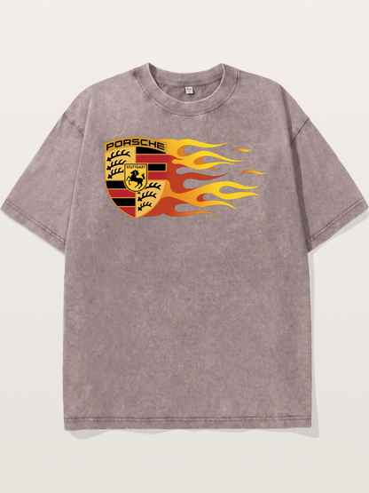 Porsche Crest With Flame Accents Washed T-shirt