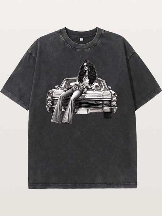 Retro Cadillac & Woman Sketch Washed T-shirt
