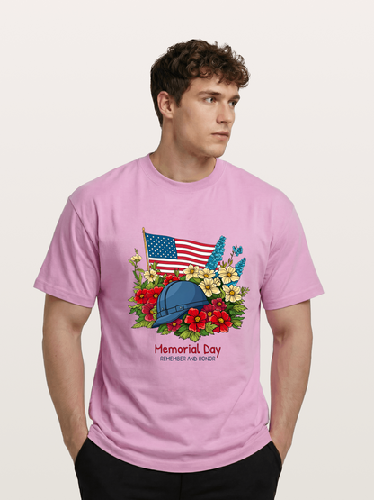 Memorial Day Flowers Helmet American Flag Gildan T-shirt