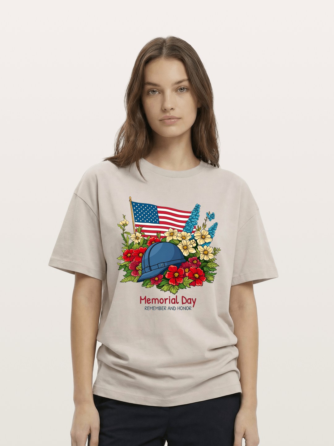 Memorial Day Flowers Helmet American Flag Cotton T-shirt