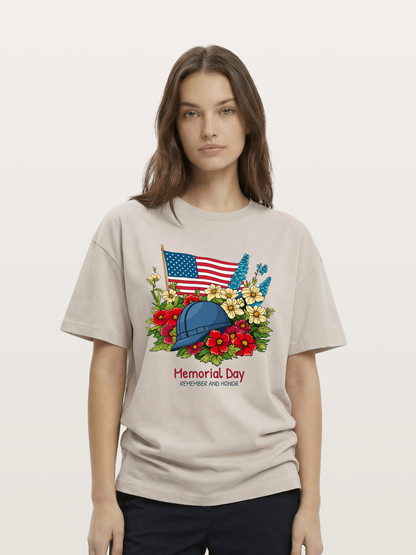 Memorial Day Flowers Helmet American Flag Cotton T-shirt