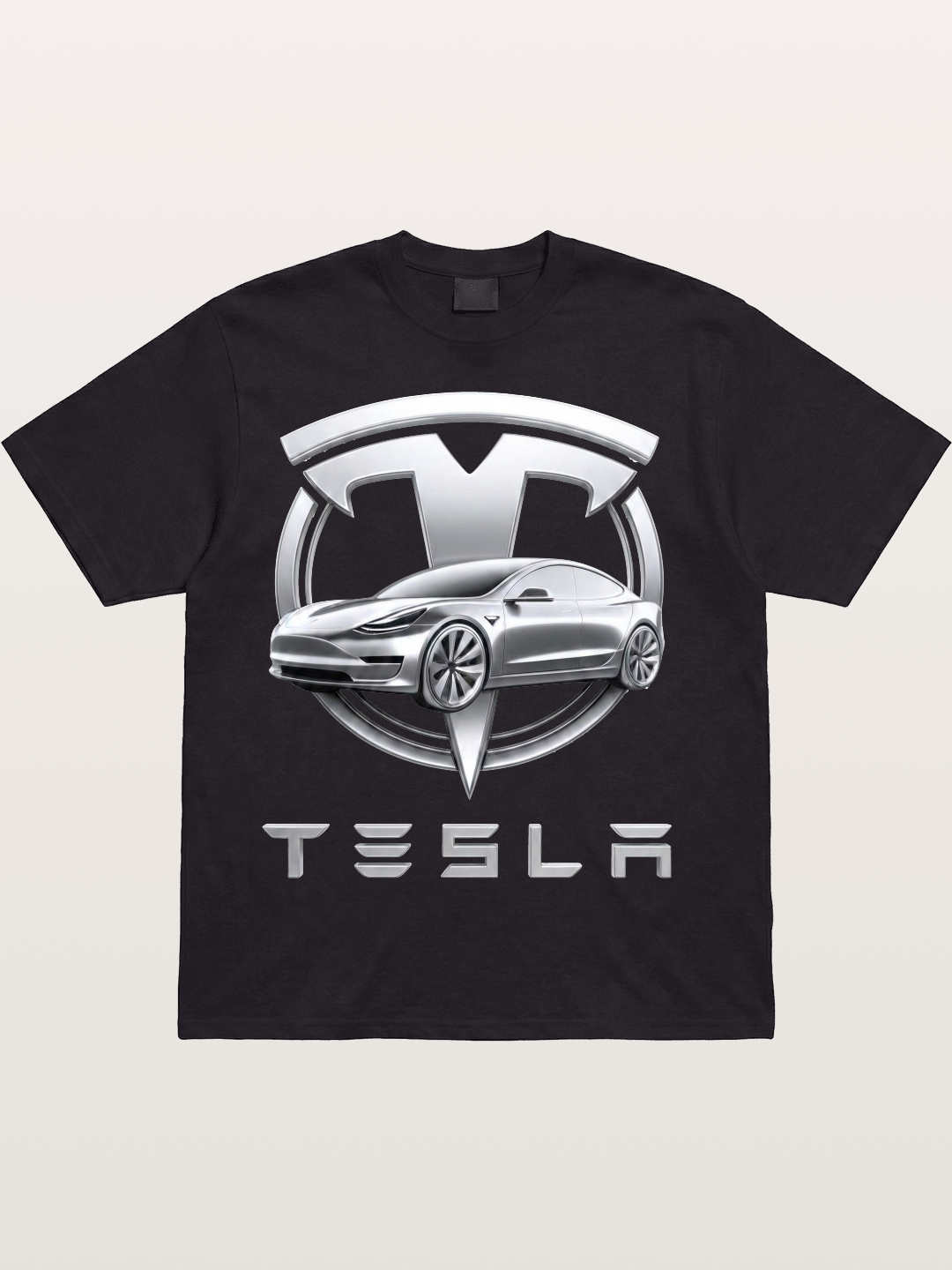 Tesla Silver Metallic Logo Print Cotton T-shirt