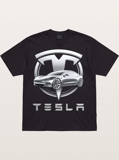 Tesla Silver Metallic Logo Print Cotton T-shirt