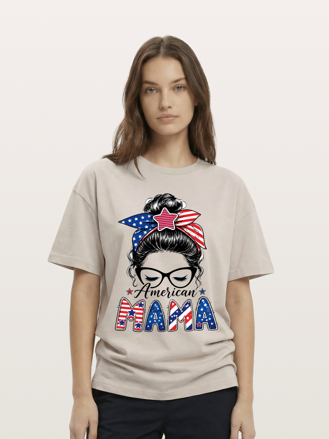 American Mama Messy Bun Art Cotton T-shirt