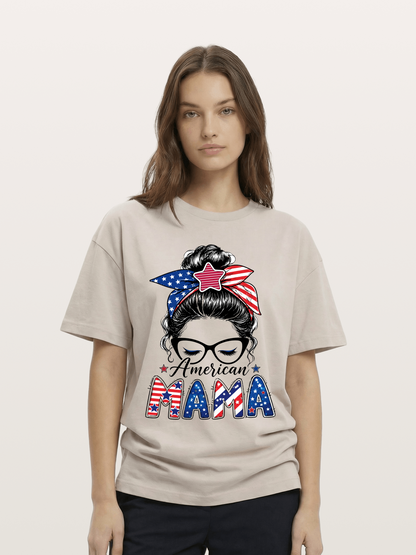 American Mama Messy Bun Art Cotton T-shirt