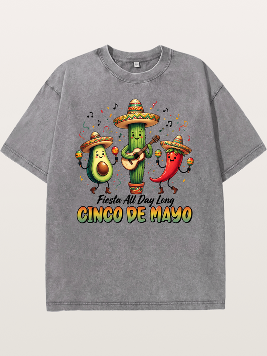 Mexican Fiesta Cartoon Characters Washed T-shirt