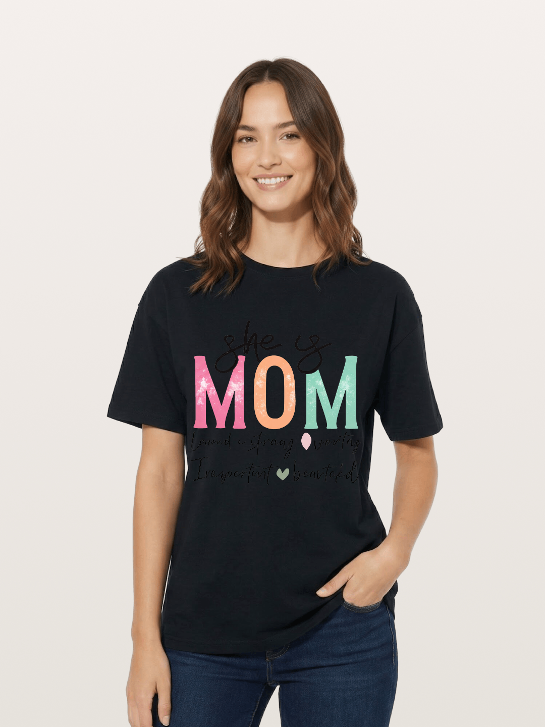 She is Mom Boho Pastel Print Cotton T-shirt