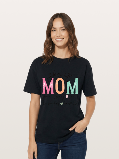 She is Mom Boho Pastel Print Cotton T-shirt