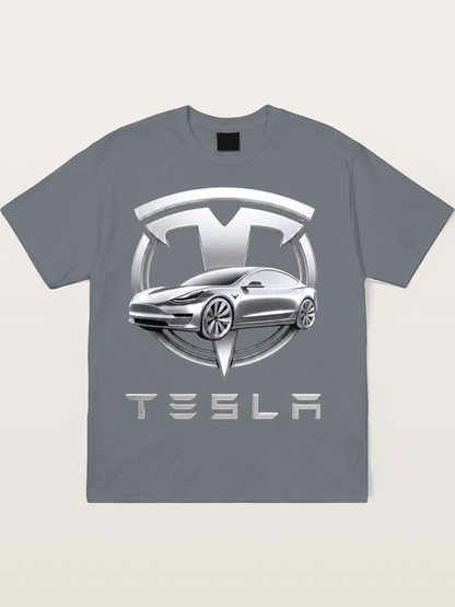Tesla Silver Metallic Logo Print Cotton T-shirt