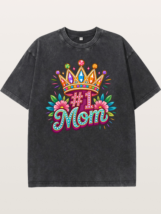 #1 Mom Crown Floral Graphic Washed T-shirt