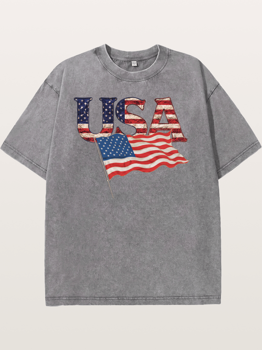 USA Letters American Flag Texture Washed T-shirt