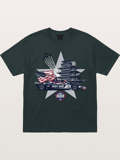 Indy 500 Pagoda Star Flag Illustration Gildan T-shirt