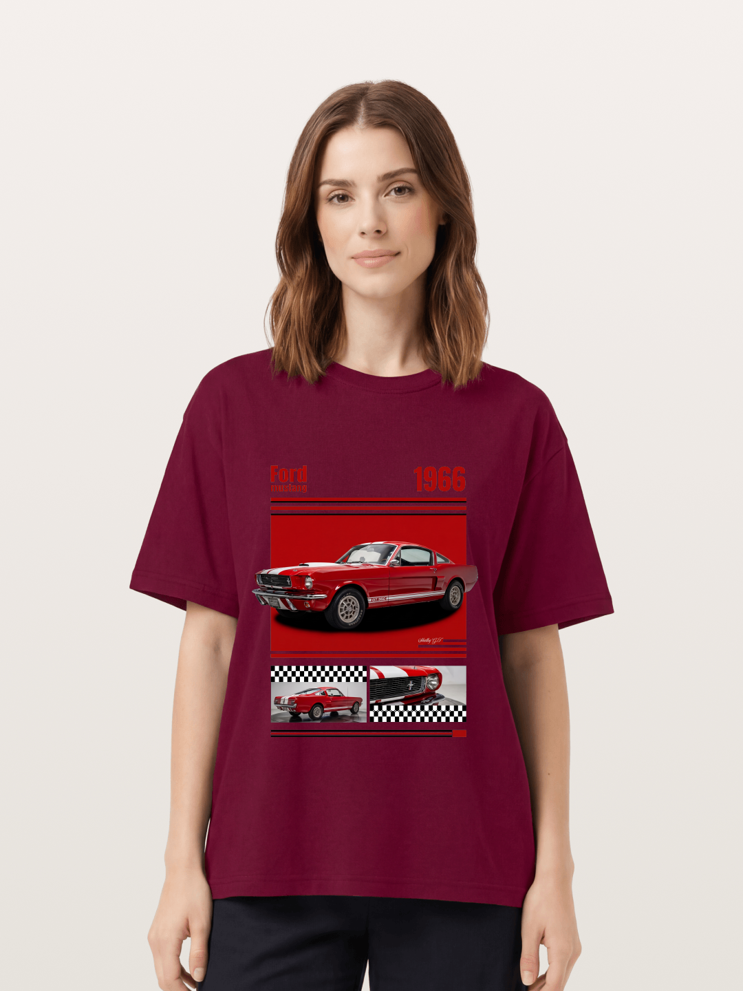 1966 Ford Mustang Fastback Red White Gildan T-shirt