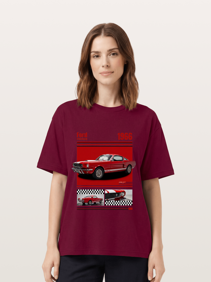 1966 Ford Mustang Fastback Red White Gildan T-shirt