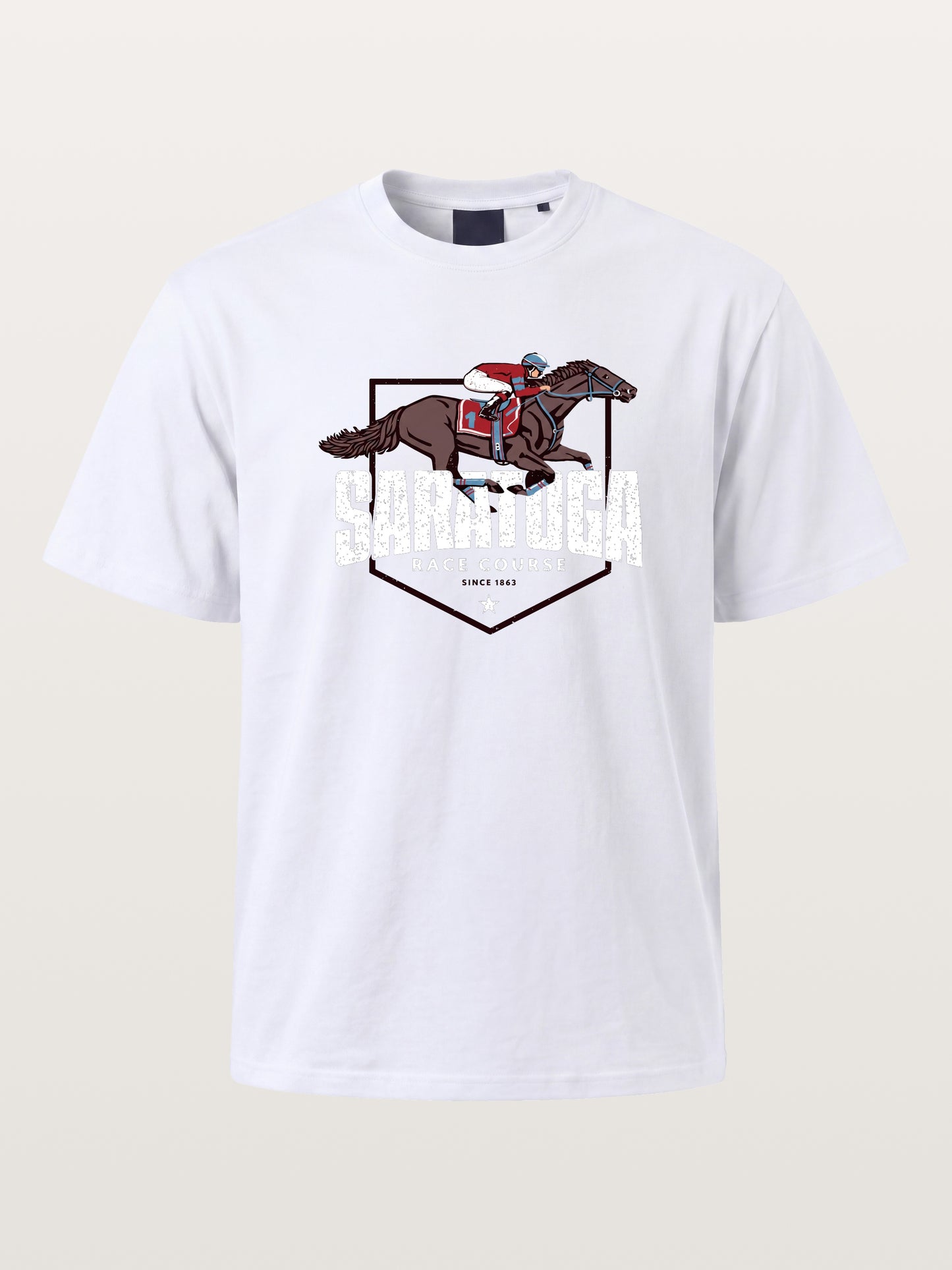 Saratoga Jockey And Horse Illustration Cotton T-shirt