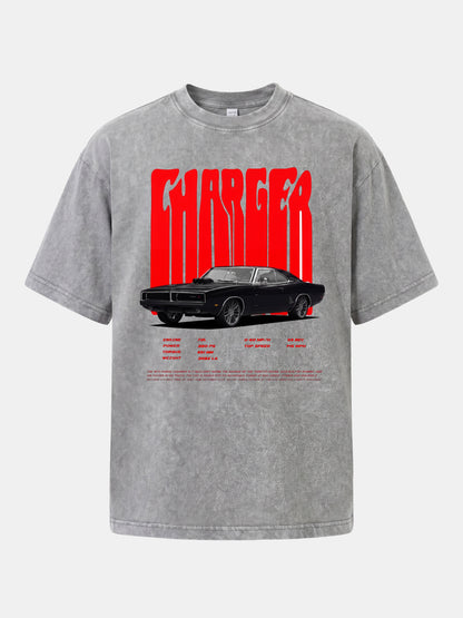 Red Charger Retro Muscle Print Washed T-shirt