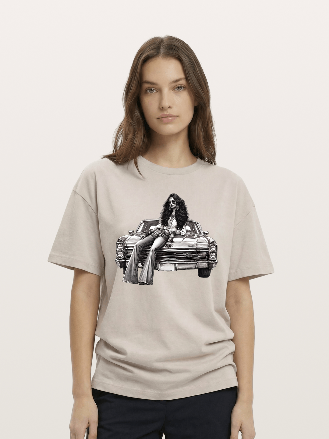 Retro Cadillac & Woman Sketch Cotton T-shirt