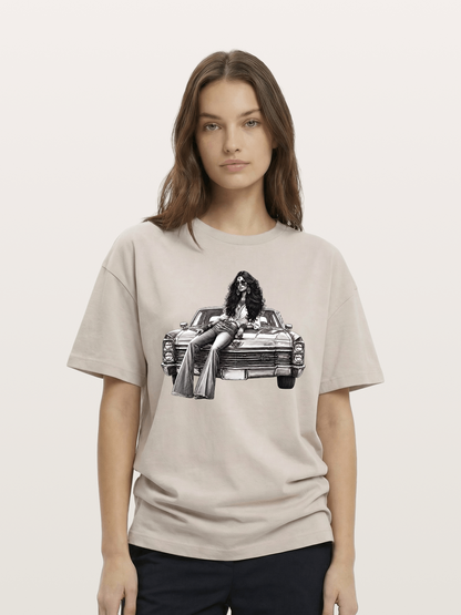 Retro Cadillac & Woman Sketch Cotton T-shirt