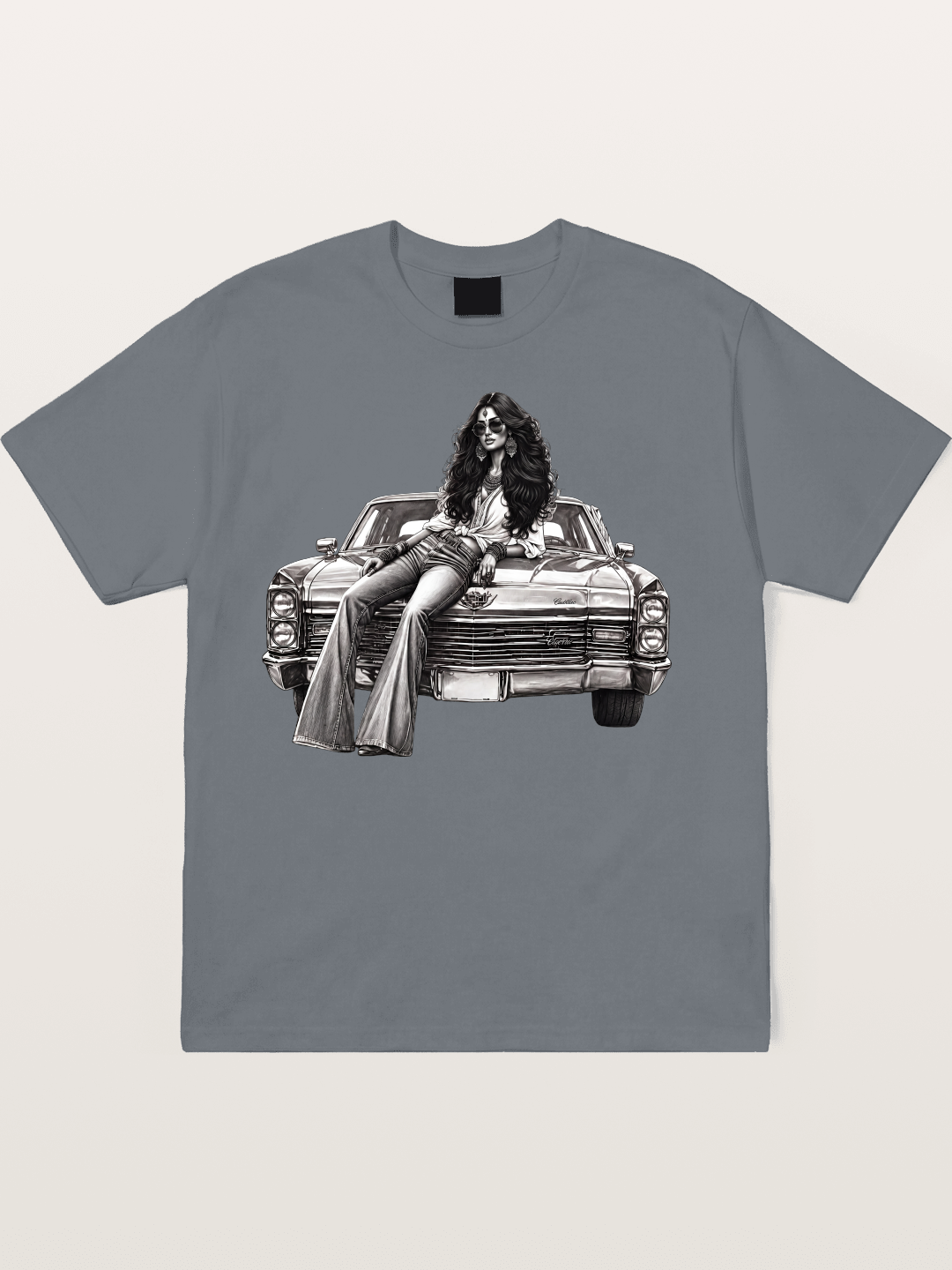Retro Cadillac & Woman Sketch Cotton T-shirt