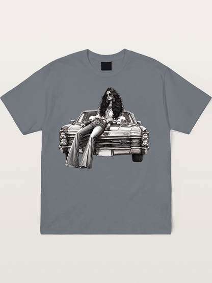Retro Cadillac & Woman Sketch Cotton T-shirt