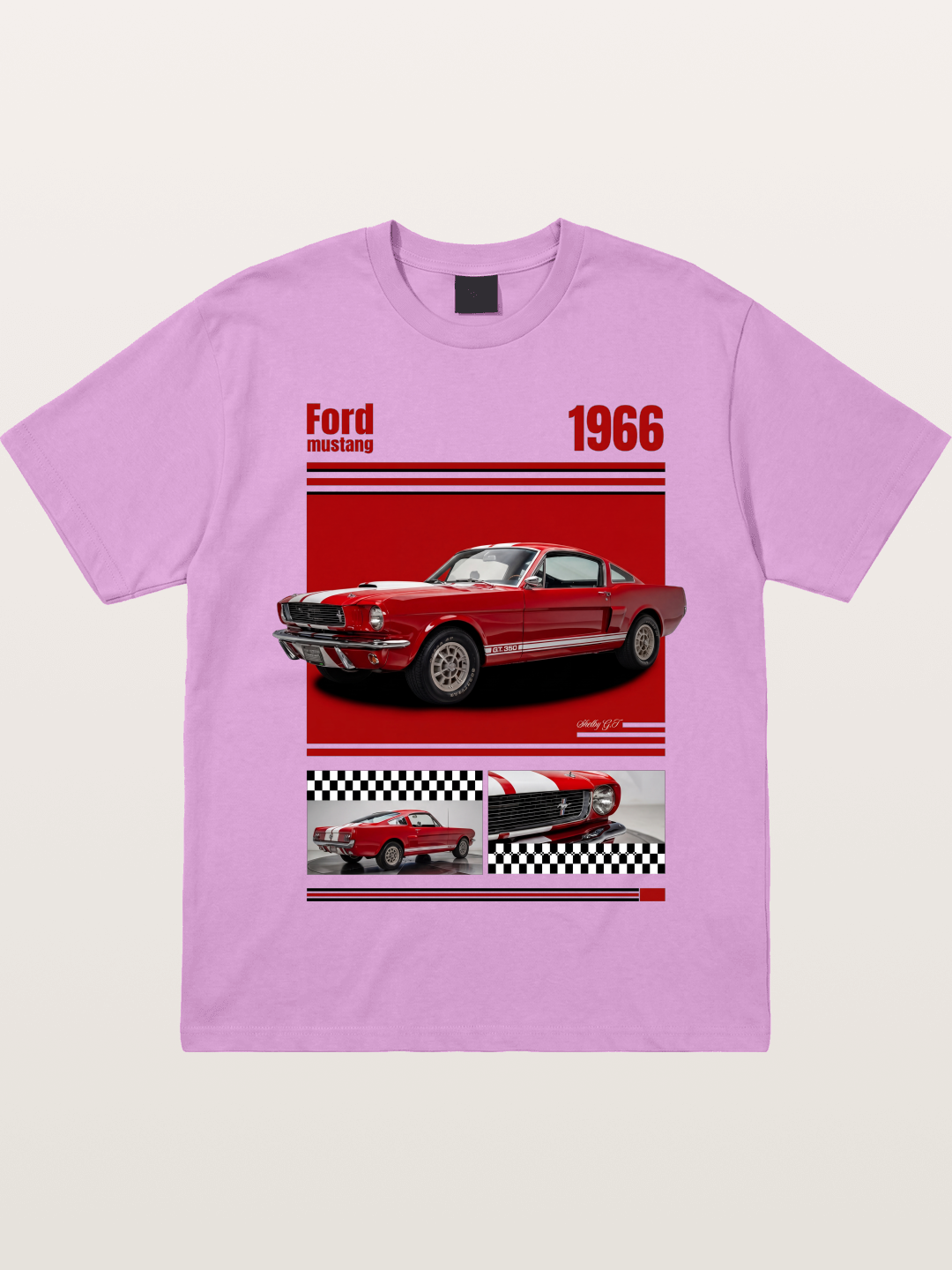 1966 Ford Mustang Fastback Red White Gildan T-shirt