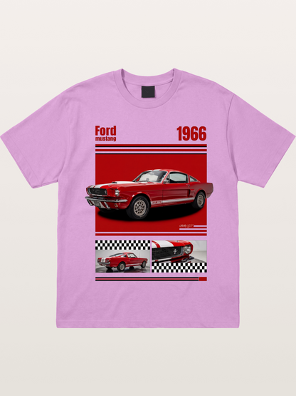 1966 Ford Mustang Fastback Red White Gildan T-shirt