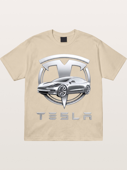 Tesla Silver Metallic Logo Print Gildan T-shirt