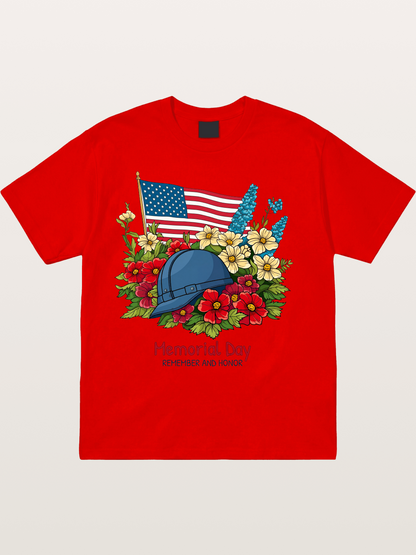 Memorial Day Flowers Helmet American Flag Cotton T-shirt