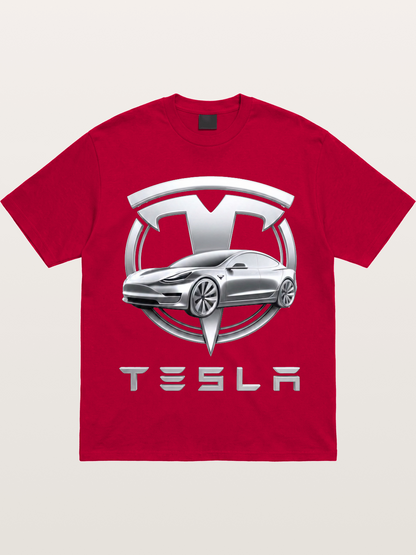 Tesla Silver Metallic Logo Print Gildan T-shirt