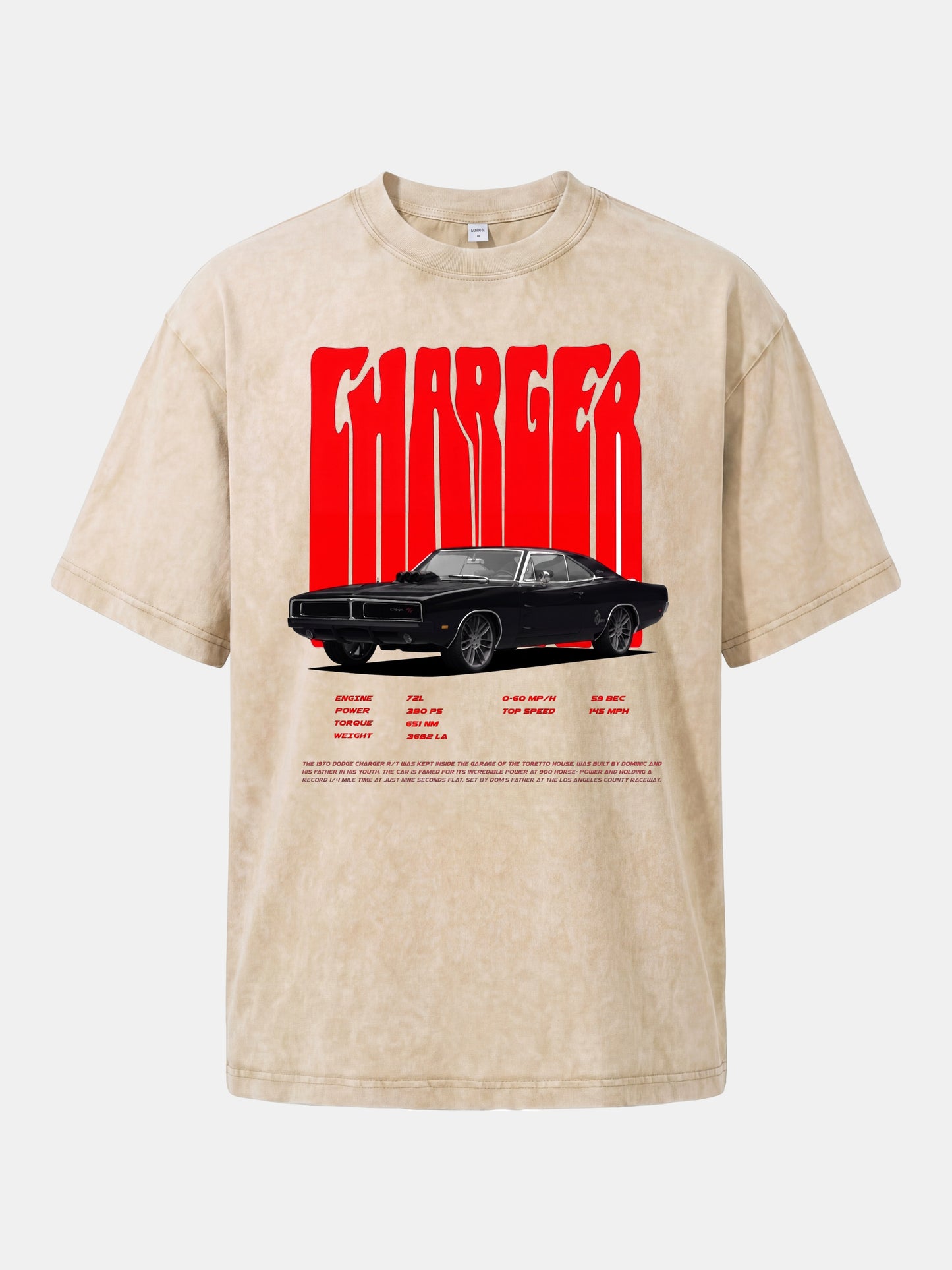 Red Charger Retro Muscle Print Washed T-shirt