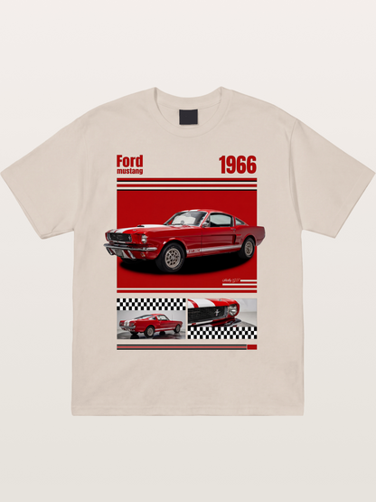 1966 Ford Mustang Fastback Red White Cotton T-shirt