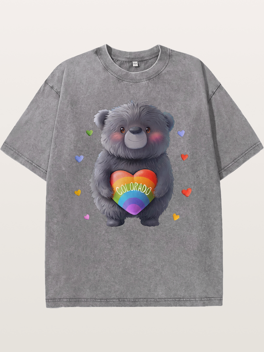 Colorado Pride Bear With Rainbow Heart Washed T-shirt